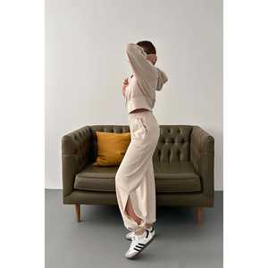 Conjunto de Sudadera con Capucha Beige y Pantalones Cargo para Mujer, Felpa, Casual, Manga Larga, Transpirable - Product Image 3