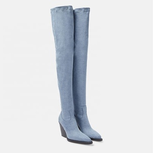 Large Size 46 Women Solid Denim Custom Styles Over Knee High <b>Boots</b> Ladies High Wedge Heels Shoes Pointed Toe Jeans Long Booties - Product Image 4