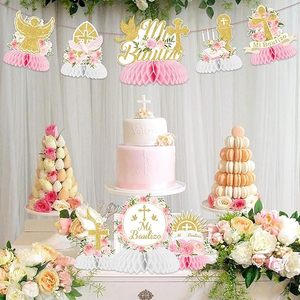8 Piezas de Centros de Mesa de Panal de Abeja para Bautizo, Decoraciones para Baby Shower de Niñas, Color Rosa Floral, <span class=keywords><strong>Dios</strong></span> Bendiga, Primera Comunión - Product Image 5