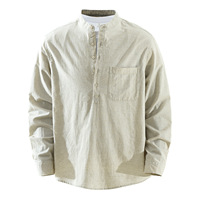 Chemise décontractée pour homme en coton et lin, col montant Henley, manches longues, coupe ample, couleur unie, infroissable, respirante, pour usage quotidien
