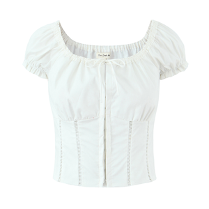 Chemisier court à manches courtes pour femme, blanc uni, 100 % coton popeline, boutonné, respirant, style Prairie Chic, printemps-été, décontracté - Product Image 1
