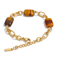 Pulsera de Cadena Chapada en Oro de Acero Inoxidable de Moda XY 2046, Pulsera de Estilo Distintivo con Cuentas Geométricas de Piedra Natural Marrón