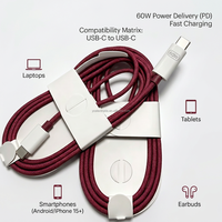 Câble de charge rapide USB-C vers C 60W PD en nylon tressé rouge cerise bordeaux avec design écologique pour iPhone 18phone et tablettes