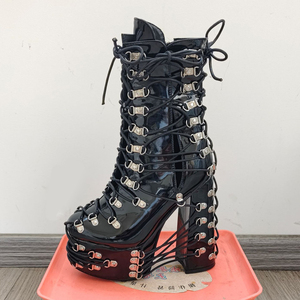 Big Size 47 Women's Metal Buckles Ankle Boots Wide Fit High Chunky <b>Heels</b> Platform Shoes Patent Cross Lace Short Booties - Product Image 6