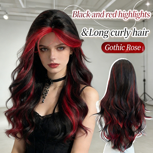 Vente directe usine Perruque longue bouclée avec mèches rouges, style Lolita sombre, en fibre haute température, pour femme - Product Image 6