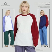 Kaos Raglan Lengan Panjang Pria 235G Katun Murni Warna-Blok Unisex Gaya Amerika Fit Longgar Patchwork