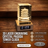 Nouvelle conception de décoration de bureau, magnifiques cadeaux d'affaires, cube en verre cristal gravé au laser 3D, trophée lumineux avec horloge