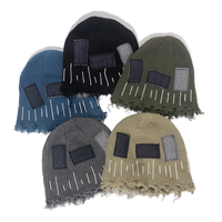 Bonnet tricoté vintage déchiré à franges avec patch en jean, style Y2K, casquette unisexe pour l'hiver