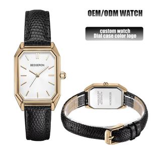 Montre à quartz pour femmes en acier inoxydable carré de luxe, bracelet en cuir véritable, résistante à l'eau 3BAR, services OEM/ODM personnalisés, tendance - Product Image 2