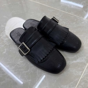 Genuine Leather Square Toe <b>Mules</b> With Buckle And Fringe Breathable Slippers For Women - Product Image 3