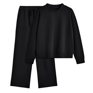 Ensemble décontracté en maille noire 2 pièces pour femme, col rond, manches longues, coupe ample, couleur unie, toutes saisons - Product Image 1