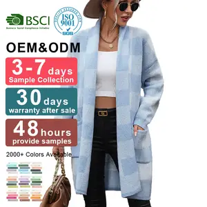 Unbuttoned front pocket long sleeved plaid printed medium length women's knitted cardigan