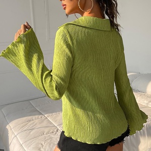 Model Blouse Design Flounce Sleeve Lettuce Trim Blouse V Neck New Clothing Custom Summer <strong>Top</strong> - Product Image 4