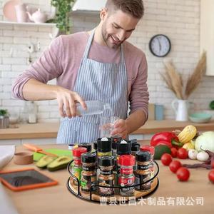 Étagère à épices rotative en bois Shichang à 2 niveaux pour le rangement dans la cuisine, avec organiseur pour huile, sel, sauce soja, vinaigre, café, thé et pots. - Product Image 1