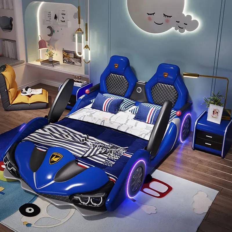 Lit en voiture de course pour enfants, lit simple en cuir de dessin animé pour garçon avec glissière de sécurité, lit en voiture de course pour fille, vente en gros en usine