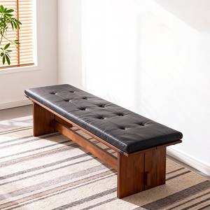 Banc en bois massif Zhongxin avec assise en cuir noir, 120 cm de long, banc de rangement pour chambre et entrée, design durable - Product Image 1