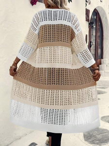 كارديجان نسائي محبوك بتصميم مُرقّع باللونين البيج والأبيض، مع تصميم فضفاض ومفتوح من الأمام، مع تطريز كروشيه للتنسيق مع الملابس الأخرى - Product Image 4