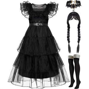 Costume de cosplay complet pour filles, famille <span class=keywords><strong>Addams</strong></span>, Halloween, Huayi Kids, avec <span class=keywords><strong>perruque</strong></span>, bas et sous-vêtements, en polyester - Product Image 3