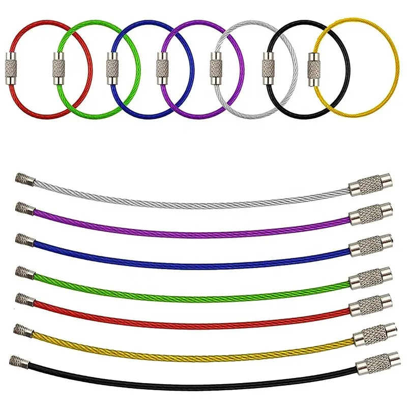 Colored Nylon Coated Stainless Steel Metal Wire Keychains Cable Keyrings Key Rings Loops with Stainless Steel Connecter for