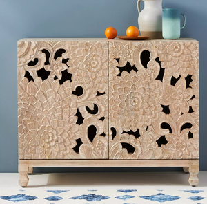 Armoire en bois sculptée à la main, style bohème <span class=keywords><strong>chic</strong></span>, unité de rangement avec fleurs complexes, <span class=keywords><strong>buffet</strong></span> de style mid-century - Product Image 2