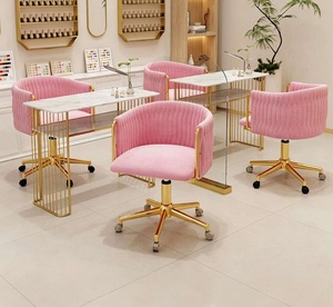 <b>Velvet</b> Nail Salon Tech Stool Ivory Beige Shell Back Gold Caster Rolling Manicure Nail Chair Height Adjustable - Product Image 1