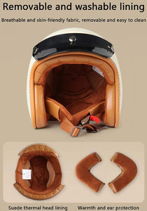 Özel DOT ECE sertifikalı <span class=keywords><strong>3</strong></span>/4 açık kask erkekler için hakiki deri güvenlik Vintage klasik motosiklet bisiklet malzeme - Product Image 4