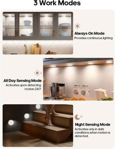 Éclairage d'armoire LED RGB moderne avec télécommande, alimenté par piles, à intensité variable, commande tactile, détection de mouvement, 3 modes d'éclairage - Product Image 4