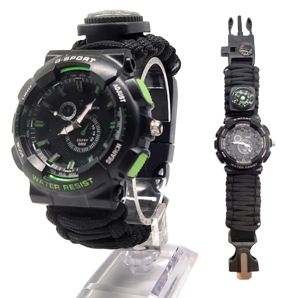 Multifunctional outdoor waterproof camouflage sports survival watch with compass, whistle, flint and other functions
