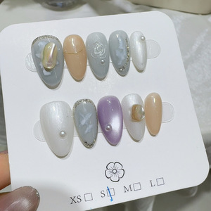 Faux ongles à presser faits main, violet <span class=keywords><strong>pastel</strong></span> rose, forme amande, avec strass argentés scintillants, très demandés, fournisseur de manucure élégante - Product Image 5