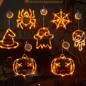 Luzes LED de sucção em forma de Halloween para decoração de festas, batedor de abóbora fantasma aranha, cordas de luz de bateria