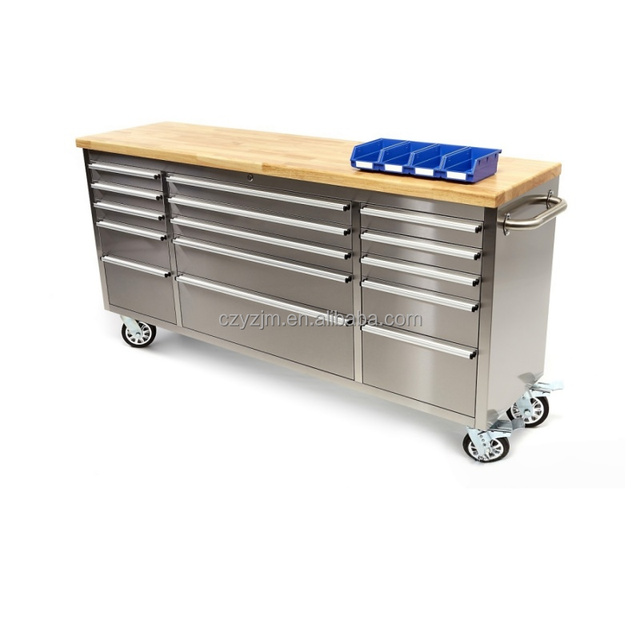 72 Inch 15 Drawer Heavy Duty Rolling Tool Box Stainless Steel Workbench Custom Wood Top Mobile Garage Tool Chest with Big Wheels
