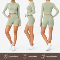 Ensemble de yoga 2 pièces pour femme : haut court à manches longues avec demi-zip et short cycliste taille haute – Idéal pour la gym et la course à pied