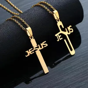 Colar de pingente de prata para mulheres, corrente de aço inoxidável banhada a ouro e cruz de Jesus, colar com pingente de letras ocas, novidade personalizada