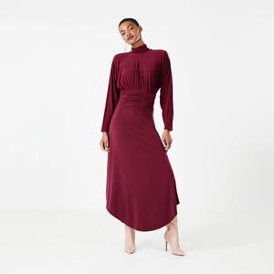 Fashion Elegant Autumn Casual A-Line Maxi Turtleneck <b>Dress</b> with Ruched Soft Stretchy <b>Jersey</b> Back Zipper Knit - Product Image 1