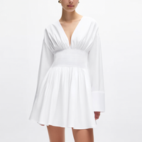 Robe courte blanche pour femme, col en V, manches longues, taille froncée, plissée, coupe trapèze, pour soirée, personnalisable OEM ODM