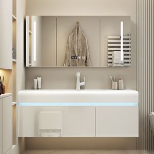 Modern Cream Style Ceramic Integrated Basin Wall-Mounted Bathroom Cabinet Water Resistant Easy Clean Eco-Friendly Durable - Product Image 1