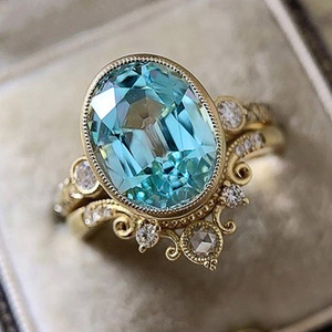Crown Blue Zircon <b>Ring</b> <b>Set</b> for Women <b>Gold</b> Elegant Oval Luxury Fashion Statement Jewelry Gift - Product Image 1