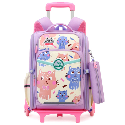 Hot Selling Cartoon Printing Children Trolley School Bags Detachable 6 Wheels Rolling Backpack Cute Kawaii Wheeled Kids Backpack