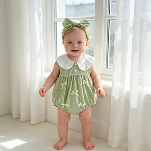 Mono de verano 2026 para bebé niña, diseño de princesa, de algodón fino, con lazo verde y cuello fresco, incluye diadema. - Product Image 3