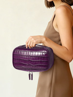 Pochette cosmétique de luxe en cuir véritable à motif crocodile, trousse de maquillage portable de luxe violette, organiseur de toilette de voyage