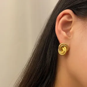 Double Circle Carved Textured Knotted Earrings Matte Gold Plated Twisted Stud Earrings Women French Vintage Simple Jewelry 2023