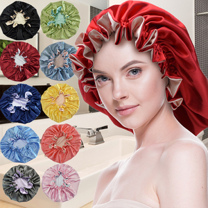 Offre Spéciale bas quantité minimale de commande Logo personnalisé Double couche Satin soie <span class=keywords><strong>bonnet</strong></span> de cheveux grand <span class=keywords><strong>Bonnet</strong></span> femmes <span class=keywords><strong>bonnet</strong></span> de douche dormir soins des cheveux boucle réglable - Product Image 1