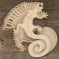 Gecko en bois avec queue bouclée, formes artisanales, contreplaqué 3 mm, lézards reptiles