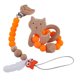 2 adet/takım ahşap silikon bebek diş kaşıyıcı diş çıkarma bilezik emzik tutucu klip silikon boncuk bebek kukla zinciri - Product Image 6