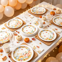 Vaisselle de fête sur le thème des feuilles d'érable et des citrouilles d'automne, décoration de fête jetable pour Thanksgiving, assiette, gobelet et serviette en papier