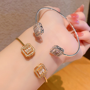 <b>Copper</b> Zircon <b>Bangle</b> Geometric Design Adjustable Opening Gold And White Micro Insert Jewelry Spring 2025 - Product Image 4