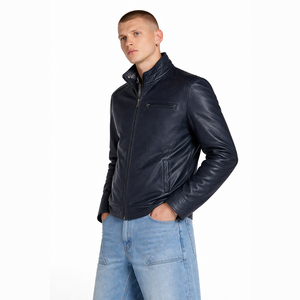Veste en cuir pour <span class=keywords><strong>homme</strong></span> - <span class=keywords><strong>Bleu</strong></span> marine, col montant classique, style motard, coupe ajustée, streetwear décontracté - Logo personnalisé - Product Image 2