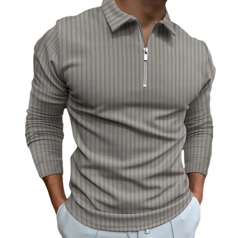 Popular Long Sleeve Polo Shirt Golf Unisex Business Solid Color Men Striped Zipper Polo Shirt