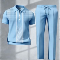 Ensemble Homme T-shirt Demi-Zip à Col Revers et Pantalon – Design Rayé Color Block, Hauts à Manches Courtes, Pantalon Long Droit – Tenue Quotidienne