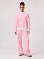 Ensemble |   Pull en maille color-block doublé polaire en coton 350G, coupe ample, col semi-montant/col bateau, style américain, transfrontalier